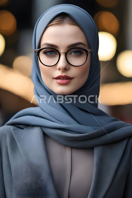 Care and attention to external appearance, the concept of elegance and femininity, a close-up photo of a veiled Saudi Arabian Gulf woman wearing an abaya and looking at the camera with a smile, gestures of self-confidence, sophisticated and modern women’s clothing and veils, a personal photo for official documents