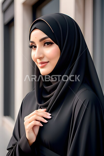 مفهوم الأناقة والأنوثة، صورة مقربة لامرأة عربية خليجية سعودية محجبة ترتدي عباءة سوداء وتنظر الى الكاميرا بابتسامه، ايماءات الثقة بالنفس، ملابس وحجابات نسائية وعصرية راقية،صورة شخصية للوثائق الرسمية