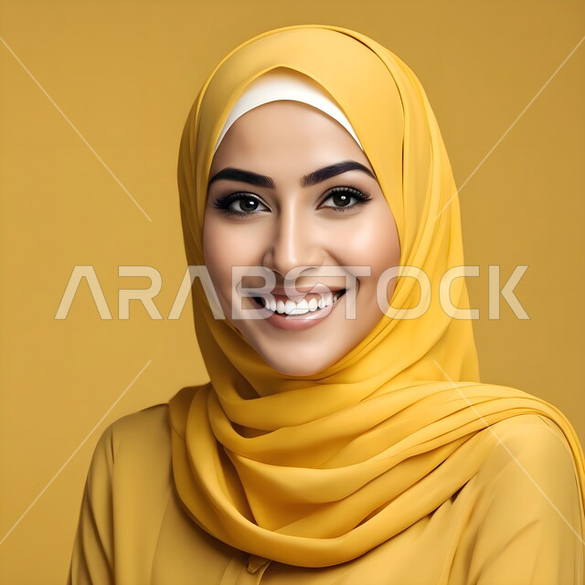ازياء عصرية راقية، بورتريه مقرب لشابة عربية خليجية سعودية محجبة ترتدي حجاب باللون الأصفر، مفهوم الجمال والاهتمام بالنفس، صورة شخصية للوثائق الرسمية، ايماءات الضحك والسعادة، خلفية صفراء