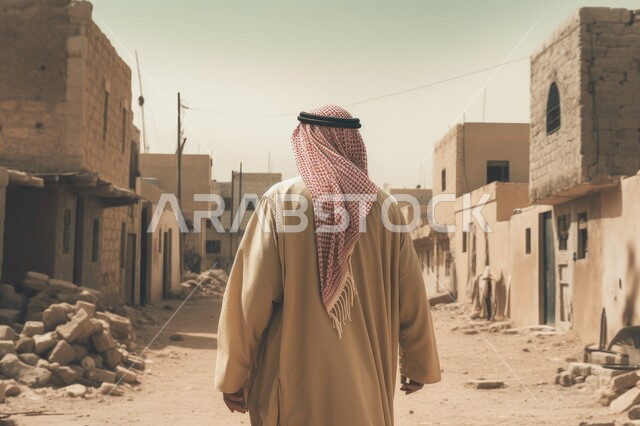 المدن والقرى القديمة، صورة خلفية لرجل عربي سعودي خليجي يرتدي الشماغ والزي التقليدي ويمشي الى الأمام، بيوت تاريخية أثرية، مباني طينية في السعودية