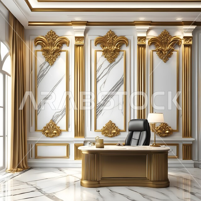 شركات ومكاتب بتصاميم داخلية و ديكورات حديثة، مفهوم الفن الهندسي المعماري، تصميم عصري حديث لغرف الانتظار و الاستقبال، تحف واكسسوارات وأثاث فاخر, مكتب عمل ذهبي راقي
