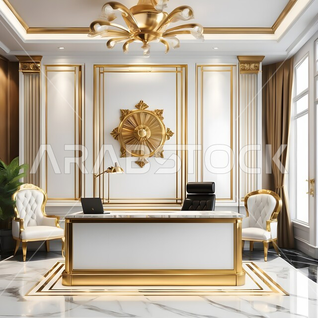 شركات ومكاتب بتصاميم داخلية و ديكورات حديثة، مفهوم الفن الهندسي المعماري، تصميم عصري حديث لغرف الانتظار و الاستقبال، تحف واكسسوارات وأثاث فاخر, مكتب عمل ذهبي راقي