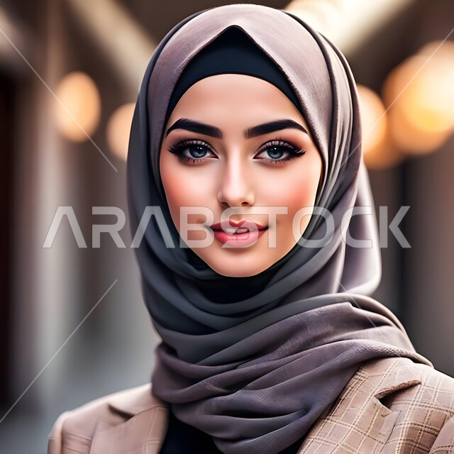 مفهوم الأناقة والأنوثة، صورة مقربة لامرأة عربية خليجية سعودية محجبة ترتدي المعطف وتنظر الى الكاميرا بابتسامه، ايماءات الثقة بالنفس، أزياء محجبات عصرية راقية، صورة شخصية للوثائق الرسمية.