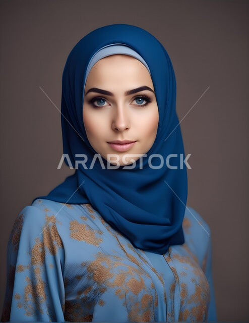 Concern with external appearance, the concept of elegance and femininity, a close-up photo of a veiled Saudi Gulf Arab woman wearing a blue hijab and looking at the camera, gestures of self-confidence, sophisticated modern veiled fashion, a personal photo for official documents.