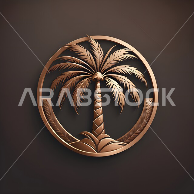 The emblem of the Kingdom of Saudi Arabia on a black background, the palm symbol on a bronze-colored metal piece, the land of palm trees and the production of date crops, pride in national symbols and slogans, pride in the Saudi Gulf Arab identity.