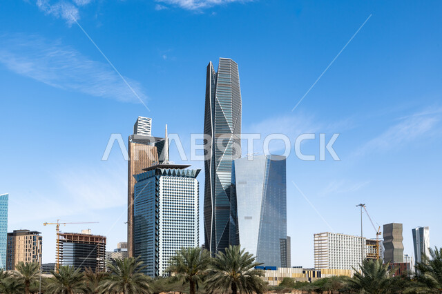 Distinctive architectural arts and designs for economic towers and skyscrapers, leading high-end companies in banking services and financial technology, the King Abdullah Financial Center (KAFD) in Riyadh, the Kingdom, the famous landmarks of Riyadh, the ideal destination for finance and business with international standards.