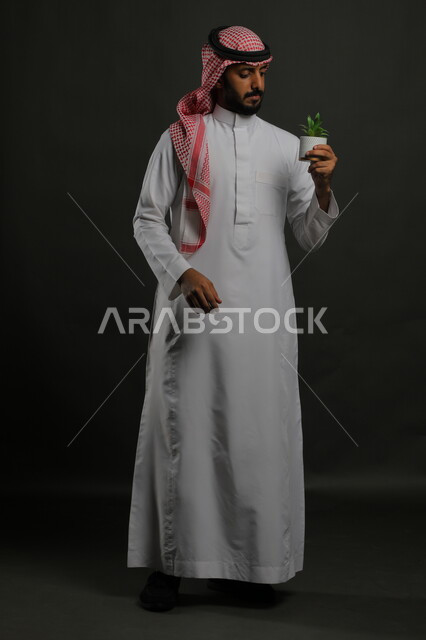 العناية والاهتمام بنباتات الزينة, رعاية الشتلات المنزلية, بورتريه لشاب عربي خليجي سعودي يرتدي الثوب التقليدي والشماغ ينظر الى حوض زراعي صغير, الوقوف باستقامة والنظر إلى الكاميرا  بإيماءات التفكير والتركيز, صورة لكامل الجسم, خلفية رمادية
