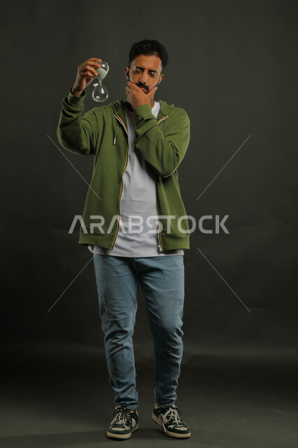 التخطيط لتحقيق الأهداف، ادراك قيمة الوقت، القيام بمراقبة توقيت الرمل, مفهوم إدارة الأعمال وتنظيم الجدول الزمني، بورتريه لرجل سعودي خليجي يرتدي الزي الكاجوال يحمل بيده الساعة الرملية الزجاجية (البنكام) وينظر إليها بإيماءات الانتظار والصبر، صورة الجسم بالكامل، خلفية سوداء