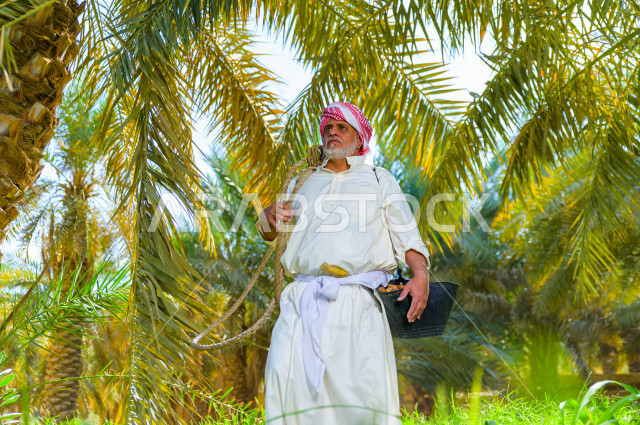 A Saudi Gulf farmer harvesting and picking dates using old folk tools. He climbs one of the palm trees using the jahsha, which keeps him safe from falling, the agricultural season, the date harvest season in agricultural areas, the fruitful palm farms in 