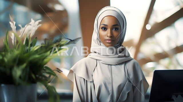 الاهتمام والاعتناء بالمظهر الخارجي والاناقه، صورة مقربة لرائدة اعمال عربية خليجية اماراتية محجبة تقف داخل مقر الشركة وتنظر الى الكاميرا بابتسامة، مهن وأعمال نسائية،  الوقوف باستقامة وثقة بالنفس