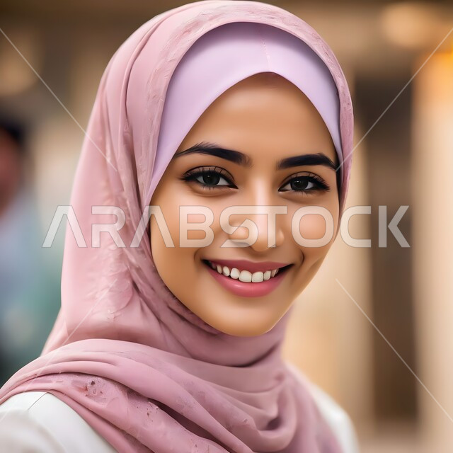 مفهوم الأنوثة والنعومة والاهتمام بالمظهر الخارجي، امرأة عربية خليجية سعودية محجبة تنظر الى الكاميرا بإيماءات الثقة بالنفس، صورة شخصية للوثائق الرسمية، أزياء محجبات عصرية راقية، اسنان ناصعة البياض