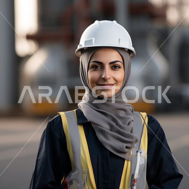 جودة الانتاج وتحقيق الثورة الصناعية، تطور ونمو القطاع الهندسي في المملكة، صورة مقربة لمهندسة عربية خليجية سعودية ترتدي الحجاب وسترة أمان صفراء وتضع خوذة بيضاء تنظر الى الكاميرا بابتسامة، مهن ووظائف نسائية سعودية، الاشراف على آلية سير عمل الآلات داخل المعمل