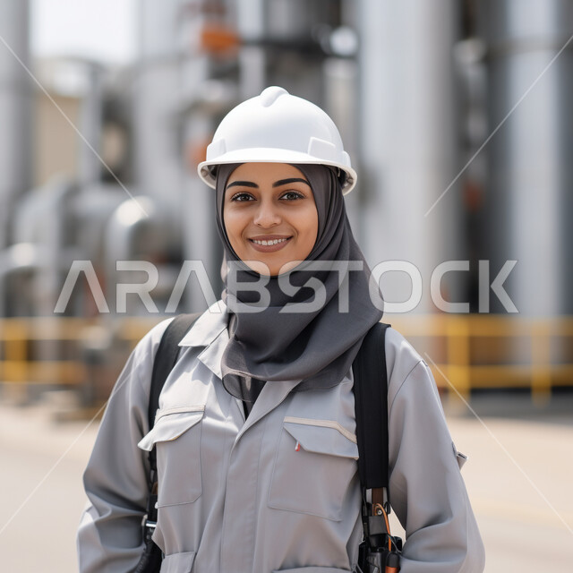 The development and growth of the engineering sector in the Kingdom, a close-up picture of a Saudi Gulf Arab engineer wearing the hijab and wearing a white helmet looking at the camera with a smile, Saudi women’s professions and jobs, the quality of production and manufacturing and achieving the industrial revolution, supervising and following up on the mechanism of equipment work inside the factory.