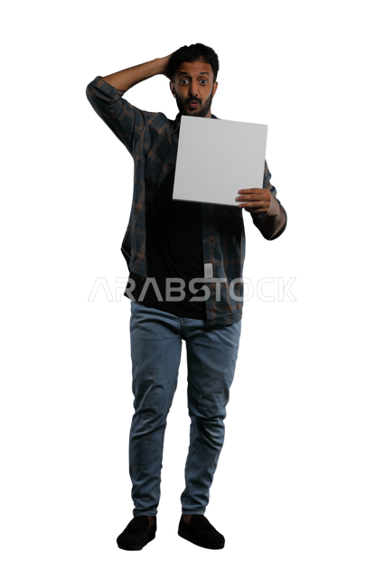 Gestures of amazement and astonishment, advertisements and marketing presentations, a white square mockup, a portrait of a Saudi Gulf Arab man wearing