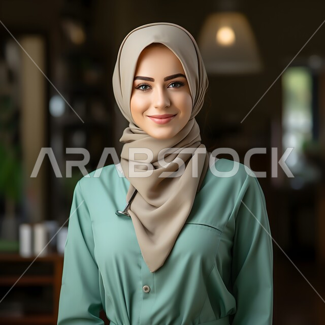 High-end veiled fashion, the concept of femininity, softness, and attention to external appearance, a close-up photo of a veiled Saudi Gulf Arab woman wearing a modern, formal dress and looking at the camera with gestures of self-confidence, standing upright to take a personal photo for official documents.