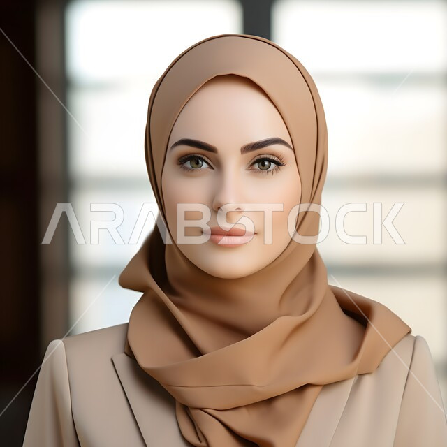 صورة شخصية للوثائق الرسمية، أزياء محجبات عصرية راقية، مفهوم الأناقة والاهتمام بالمظهر الخارجي، صورة مقربة لامرأة عربية خليجية سعودية محجبة ترتدي لباس رسمي عصري حديث تنظر الى الكاميرا بإيماءات الجدية و الثقة بالنفس