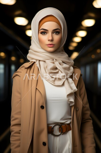 The concept of femininity, softness, and concern for external appearance, a close-up photo of a veiled Saudi Arabian Gulf woman wearing modern, formal clothing, looking at the camera with gestures of self-confidence, a personal photo for official documents, sophisticated modern veiled fashion