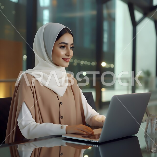 استخدام التقنية والتكنولوجيا الحديثة، أزياء محجبات عصرية راقية، مفهوم الأنوثة والنعومة والاهتمام بالمظهر الخارجي، صورة مقربة لامرأة عربية خليجية سعودية محجبة تجلس على المكتب وتقوم باستخدام اللابتوب، إيماءات الاندماج بالعمل، مهن ووظائف نسائية
