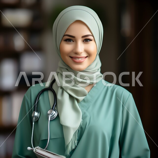 العمل في المجال الطبي، صورة شخصية للوثائق الرسمية، صورة مقربة  لطبيبة عربية خليجية سعودية مبتسمة محجبة تضع السماعات الطبية وتنظر إلى الكاميرا بايماءات الثقة بالنفس، الاهتمام بالمظهر الخارجي، مفهوم الأنوثة والنعومة