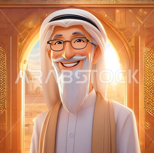 الشخصيات الكرتونية المحببة, صورة مقربة لرسم ثلاثي الأبعاد لرجل كبير بالسن عربي سعودي خليجي مبتسم يرتدي الزي التقليدي, الاهتمام بالرسومات الفنية للأشخاص من عالم أفلام الكرتون للأطفال, خلفية مسجد
