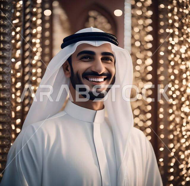 Caring about external appearance, a close-up image of a smiling Saudi Gulf Arab man wearing a ghutra and aqal, the concept of elegance and self-care, looking at something with gestures of pleasure and joy