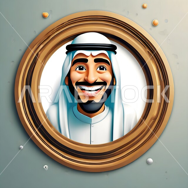 الشخصيات الكرتونية المحببة, صورة مقربة لرسم ثلاثي الأبعاد لرجل عربي سعودي خليجي مبتسم يرتدي الزي التقليدي, الاهتمام بالرسومات الفنية للأشخاص من عالم أفلام الكرتون للأطفال