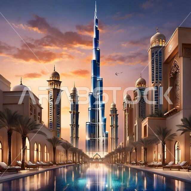 الفن الهندسي المعماري للأبراج وناطحات السحاب، لوحة فنية تجريديه بالألوان الزيتية والمائية للمعالم والاماكن السياحية المشهورة في مدينة دبي، تصاميم توضيحية للمباني السكنية والاقتصادية، اشجار النخيل الخضراء والمناظر الطبيعية في دولة الامارات العربية المتحدة