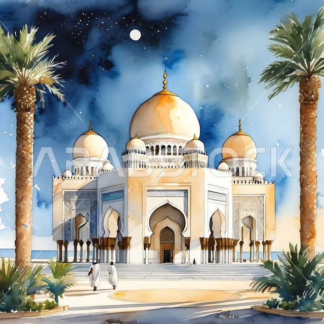 تصاميم ورسومات توضيحيه ثلاثية الأبعاد للمناظر الطبيعيه في دولة الامارات, أماكن اسلامية مقدسة، لوحة بالألوان المائية لمسجد الشيخ زايد في مدينة أبو ظبي, معالم سياحية مشهورة, اسلاميات وعبادة