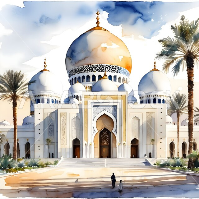 تصاميم ورسومات توضيحيه ثلاثية الأبعاد للمناظر الطبيعيه في دولة الامارات, أماكن اسلامية مقدسة، لوحة بالألوان المائية لمسجد الشيخ زايد في مدينة أبو ظبي, معالم سياحية مشهورة, اسلاميات وعبادة