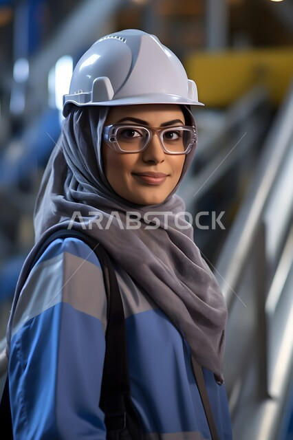The concept of engineering and construction, looking at the camera with happy gestures, the development and growth of the engineering sector in the Kingdom, a close-up photo of a veiled Saudi Gulf Arab engineer wearing a protective helmet and medical glasses, Saudi women’s professions and jobs