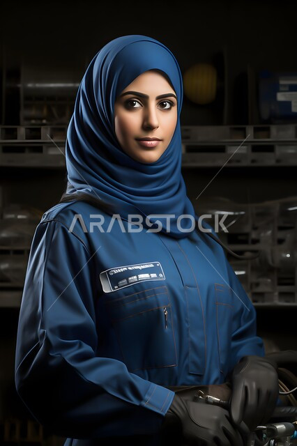 Professions and jobs for Saudi women, the development and growth of the engineering sector in the Kingdom, a close-up photo of a veiled Saudi Arabian Gulf engineer wearing gloves and a dress for construction work, looking at the camera, supervising and following up on the workflow mechanism