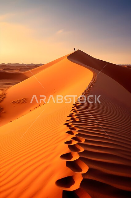 التلال والهضاب الرملية  وقت غروب الشمس، التضاريس الطبيعيه في صحراء الربع الخالي في المملكة العربية السعودية، الرمال الناعمة الذهبية، أماكن سياحية مشهورة، خلفية الطبيعه الصحراوية