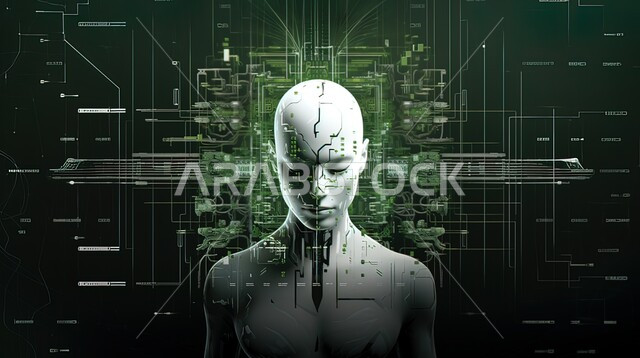 مجسم ثلاثي الابعاد لرأس روبوت ذكي متطور ،رجل آلي ذات تقنيه تطور عالي, برمجة وتحديث تقنية الذكاء الاصطناعي, تكنولوجيا المستقبل و التحول الرقمي، خلفية التكنولوجيا الرقمية