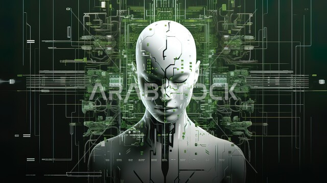 رجل آلي ذات تقنيه تطور عالي, مجسم ثلاثي الابعاد لرأس روبوت ذكي متطور ، برمجة وتحديث تقنية الذكاء الاصطناعي, تكنولوجيا المستقبل و التحول الرقمي، خلفية التكنولوجيا الرقمية