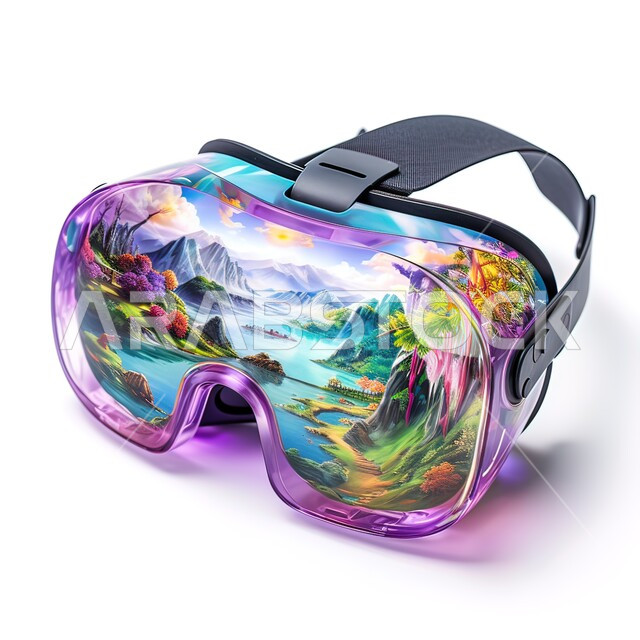 Close-up image of colorful 3D virtual reality glasses, advanced modern technologies, simulating the imaginary world through VR glasses, fun entertainment activities, white background