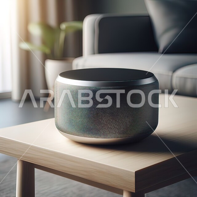 تطور التقنيه والتكنولوجيا ، الاستمتاع بسماع الموسيقى الهادئة, اجهزه الكترونيه حديثه ، جهاز سماعة البلوتوث، مكبر صوت لاسلكي بأشكال مختلفة على طاولة خشبية, ديكورات وتصاميم داخليه