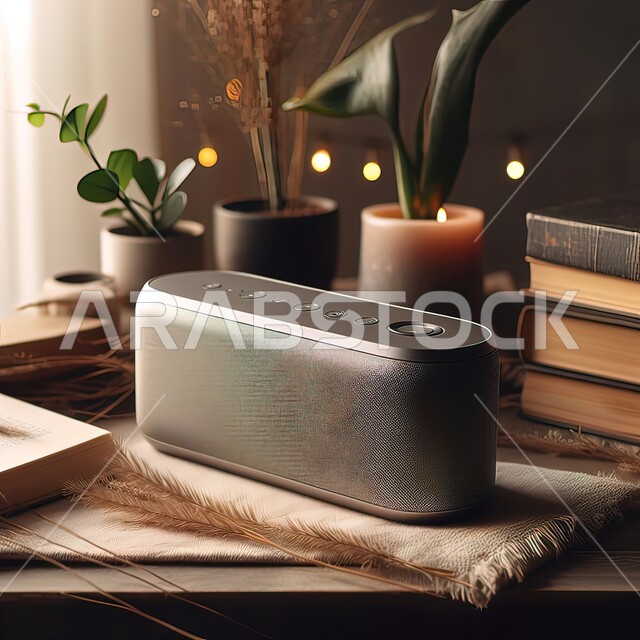  جهاز سماعة البلوتوث، الاستمتاع بسماع الموسيقى الهادئة, اجهزه الكترونيه حديثه ،تطور التقنيه والتكنولوجيا ، مكبر صوت لاسلكي بأشكال مختلفة على طاولة خشبيه, ديكورات وتصاميم داخليه