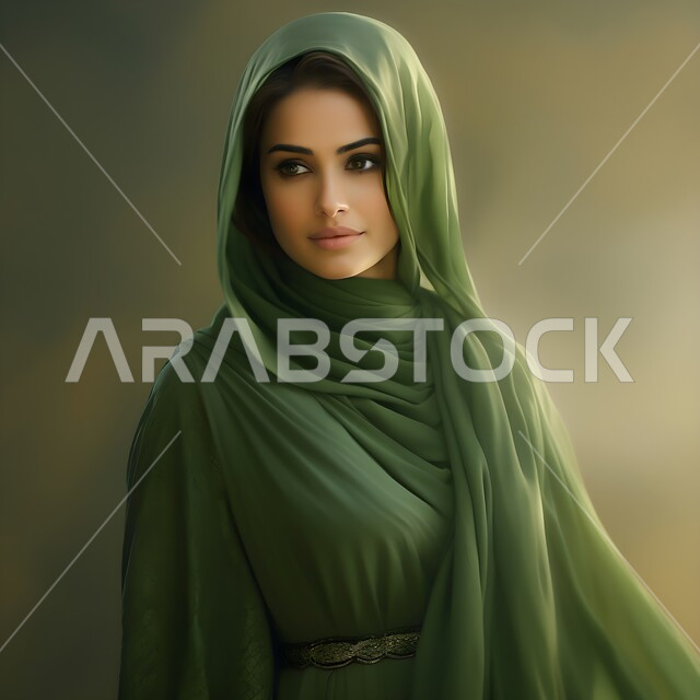 الأناقة والاهتمام بالمظهر الخارجي، الاحتفال بذكرى اليوم الوطني السعودي 23 سبتمبر والعيد الوطني، مشاعر الانتماء والحب للبلاد, صورة مقربة لإمرأة عربية خليجية سعودية مبتسمة ترتدي العباءة الخضراء تنظر إلى شيء ما، يوم العلم 11 مارس .