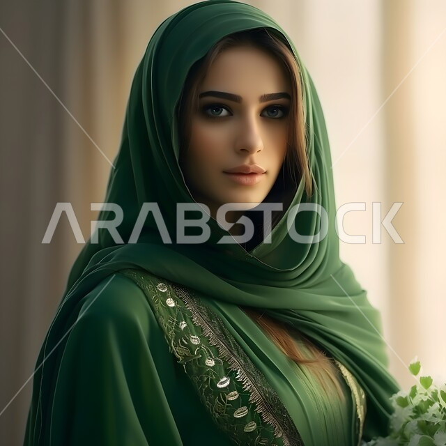 A close-up photo of a smiling Saudi Gulf Arab woman wearing a green abaya looking at the camera, celebrating the anniversary of Saudi National Day, September 23, and National Day, feelings of belonging and love for the country, Flag Day, March 11, traditional national celebrations and events