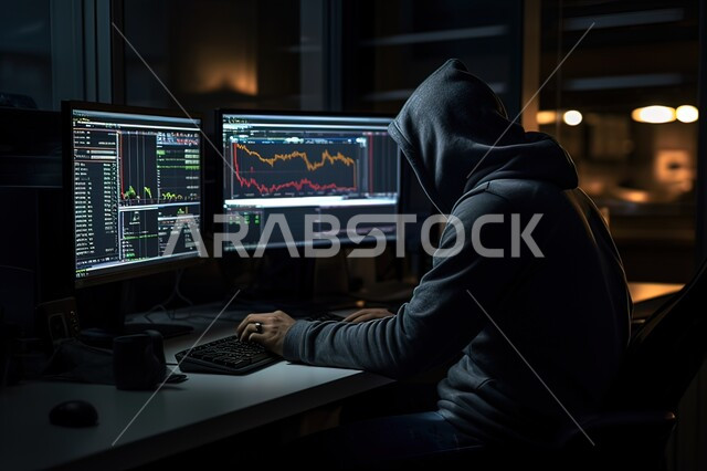 Hacking and data theft, hacking and illegal entry, electronic crimes, a picture from the back of a hacker penetrating the security of electronic devices, infiltration through cybersecurity, algorithms to destroy digital accounts, modern and advanced technologies and electronics