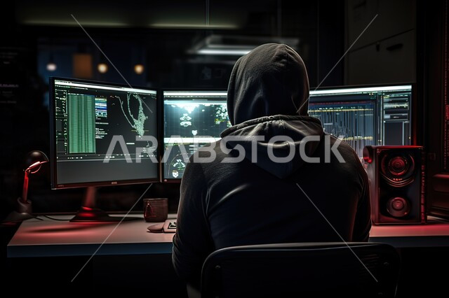 التهكير والدخول بطريقه غير قانونيه، الجرائم الالكترونيه، صورة من الخلف هاكر يقوم بإختراق أمن الاجهزه الالكترونيه، التسلل عبر الأمن السبراني، قرصنة وسرقة البيانات، خوارزميات لتدمير الحسابات الرقمية، تقنيات والكترونيات حديثة ومتطورة.