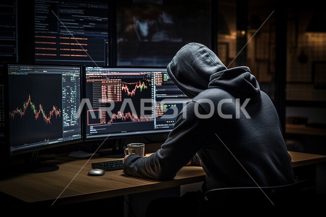 هاكر يقوم بإختراق أمن الاجهزه الالكترونيه، التهكير والدخول بطريقه غير قانونيه،  الجرائم الالكترونيه، التسلل عبر الأمن السبراني، قرصنة وسرقة البيانات، خوارزميات لتدمير الحسابات الرقمية، تقنيات والكترونيات حديثة ومتطورة.