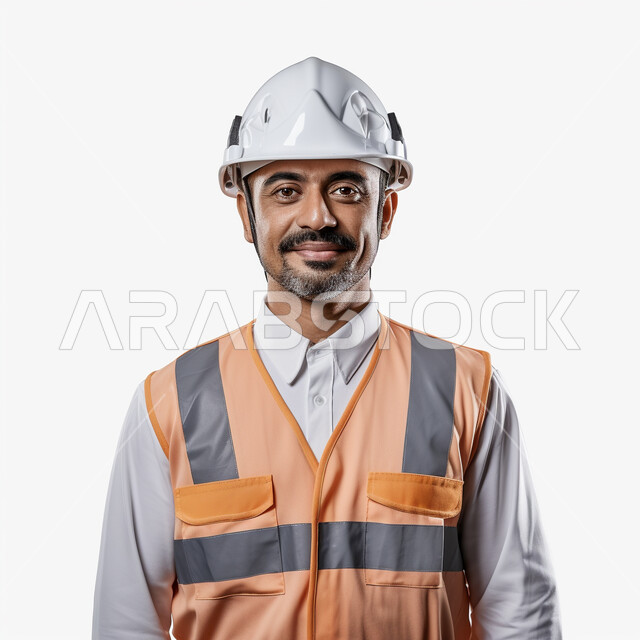 تطور ونمو القطاع الهندسي في المملكة، بورتريه مقرب لمهندس عربي خليجي سعودي مبتسم يرتدي الخوذة واللباس الخاص بعمل الانشاءات ينظر الى الكاميرا، مهن ووظائف سعودية، الاشراف والمتابعة على آلية سير العمل، إيماءات الثقة بالنفس، خلفية بيضاء.
