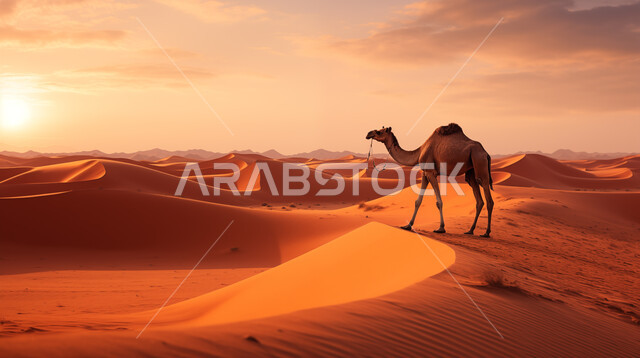 The anniversary of the founding of the first Saudi state in 1727, traveling on a camel, a symbol of Arabism and the Saudi heritage, a camel passing through the sand dunes in the Sahara Desert, old means of transportation, a camel to carry luggage when traveling, the ability to withstand thirst and high heat