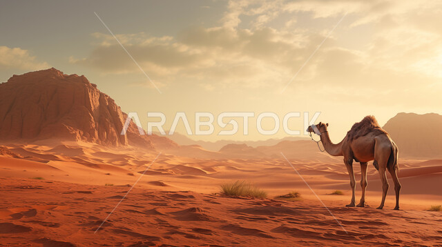 السفر على حيوان الإبل، رمز العروبة والإرث السعودي، جمل يمرعبر الكثبان الرملية في الصحراء الكبرى, وسائل مواصلات قديمه، ناقة لحمل الامتعه في السفر، القدرة على تحمل العطش والحرارة العالية، ذكرى تأسيس الدولة السعودية الأولى ١٧٢٧ .