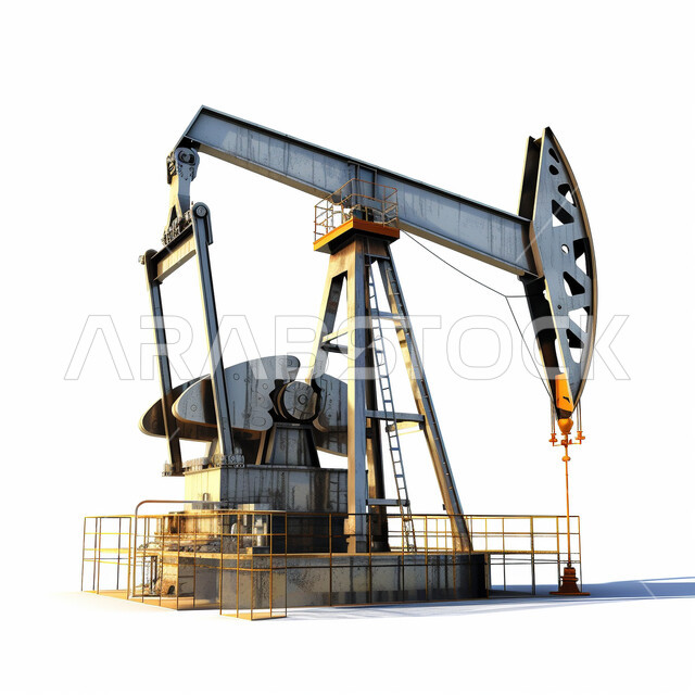 Quality tools and equipment for manufacturing and extracting petroleum, selling and exporting underground resources, extracting oil and oils, a close-up photo of an excavator exploring for oil in the desert at sunset, huge drilling machines, white background