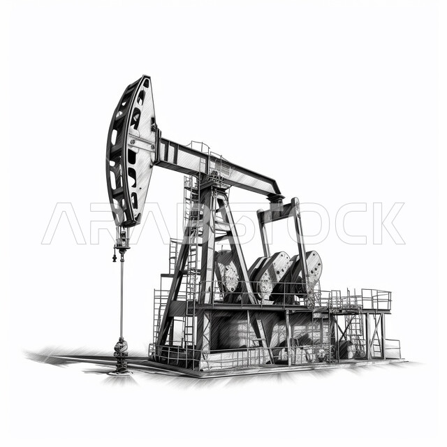 استخراج وتصدير الثروات الباطنية،  استنباط النفط والزيوت , صورة مقربة لحفارة تقوم بالتنقيب عن النفط في الصحراء وقت غروب الشمس , آلات حفر ضخمة , جودة الأدوات والمعدات لصناعة وتخزين البترول, خلفية بيضاء.