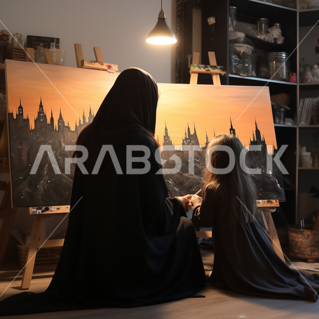 التعلم وشغف حب الرسم، انشطة ترفيهية فنية ممتعه، صورة من الخلف لطفلة عربية خليجية سعودية تحمل لوحات رسم فصل الخريف مع والدتها، أم تساعد ابنتها على الرسم بايماءات وجه تدل على السعادة والفخر، الاهتمام وتنمية مهارات الاطفال .