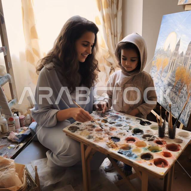 الاهتمام وتنمية مهارات الأطفال، طفلة عربية خليجية سعودية تقوم بالرسم والتلوين برفقة والدتها، التعلم وشغف حب الرسم، أم تساعد ابنتها على الرسم بايماءات وجه تدل على السعادة والفخر، انشطة ترفيهية فنية ممتعه .