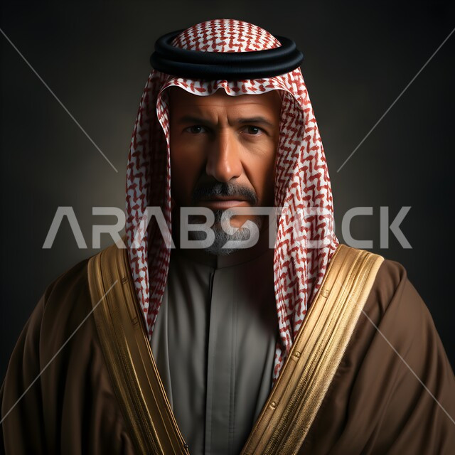 النظر إلى الكاميرا بإيماءات الثقة بالنفس, بورتريه مقرب لرجل كبير بالسن عربي سعودي خليجي يرتدي البشت والشماغ التقليدي, صورة شخصية للوثائق الرسمية, مفهوم الرجولة والاهتمام بالمظهر الخارجي, خلفية سوداء